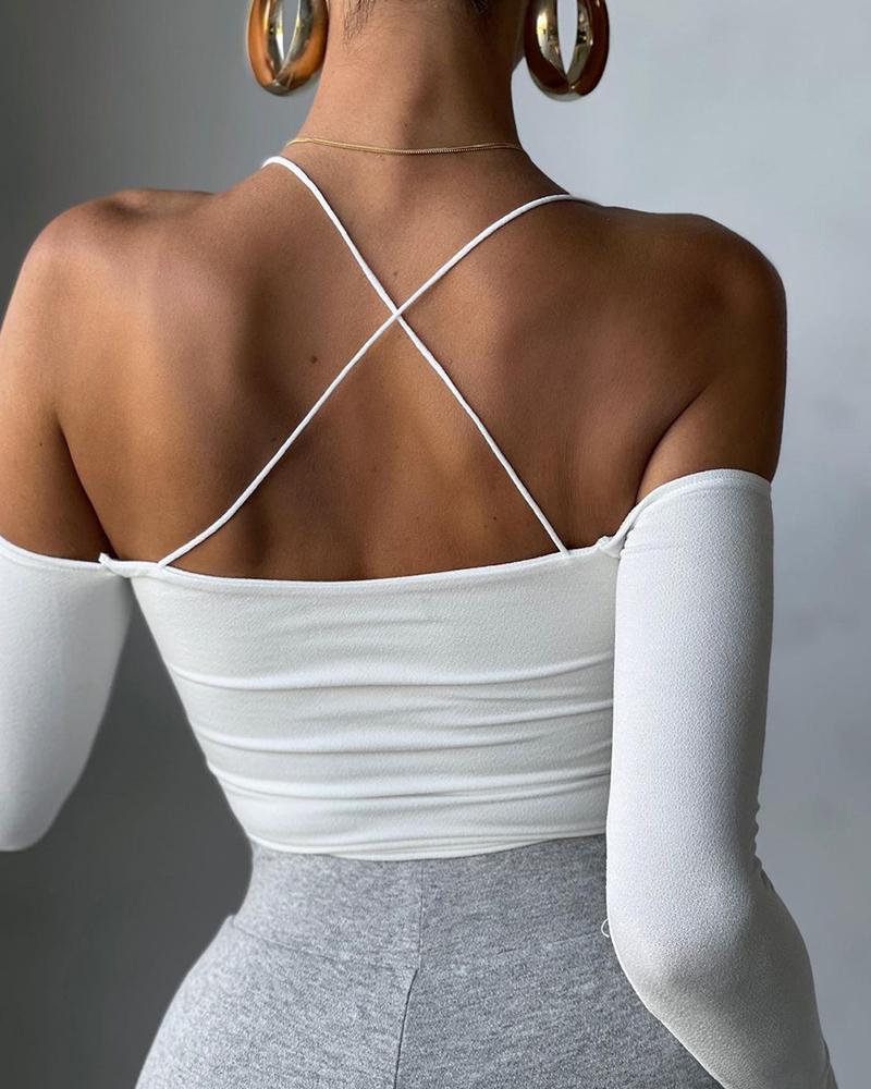 

Crisscross Backless Long Sleeve Top, White