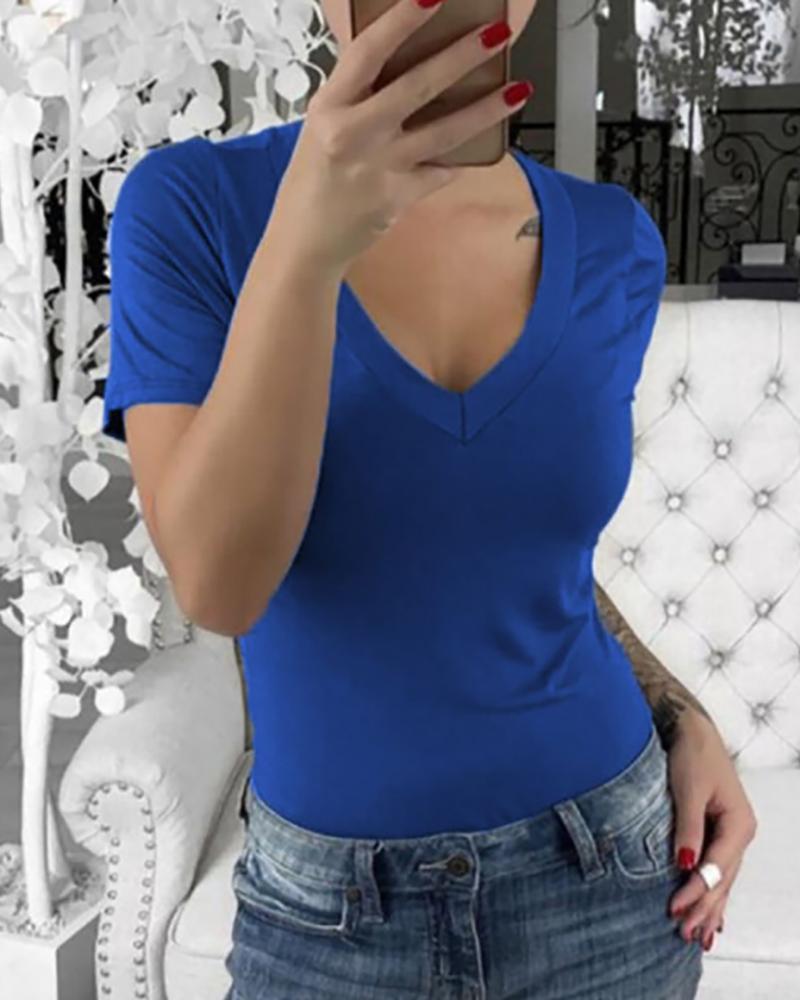 

V-neck Solid Short Sleeve Casual T-shirt, Blue