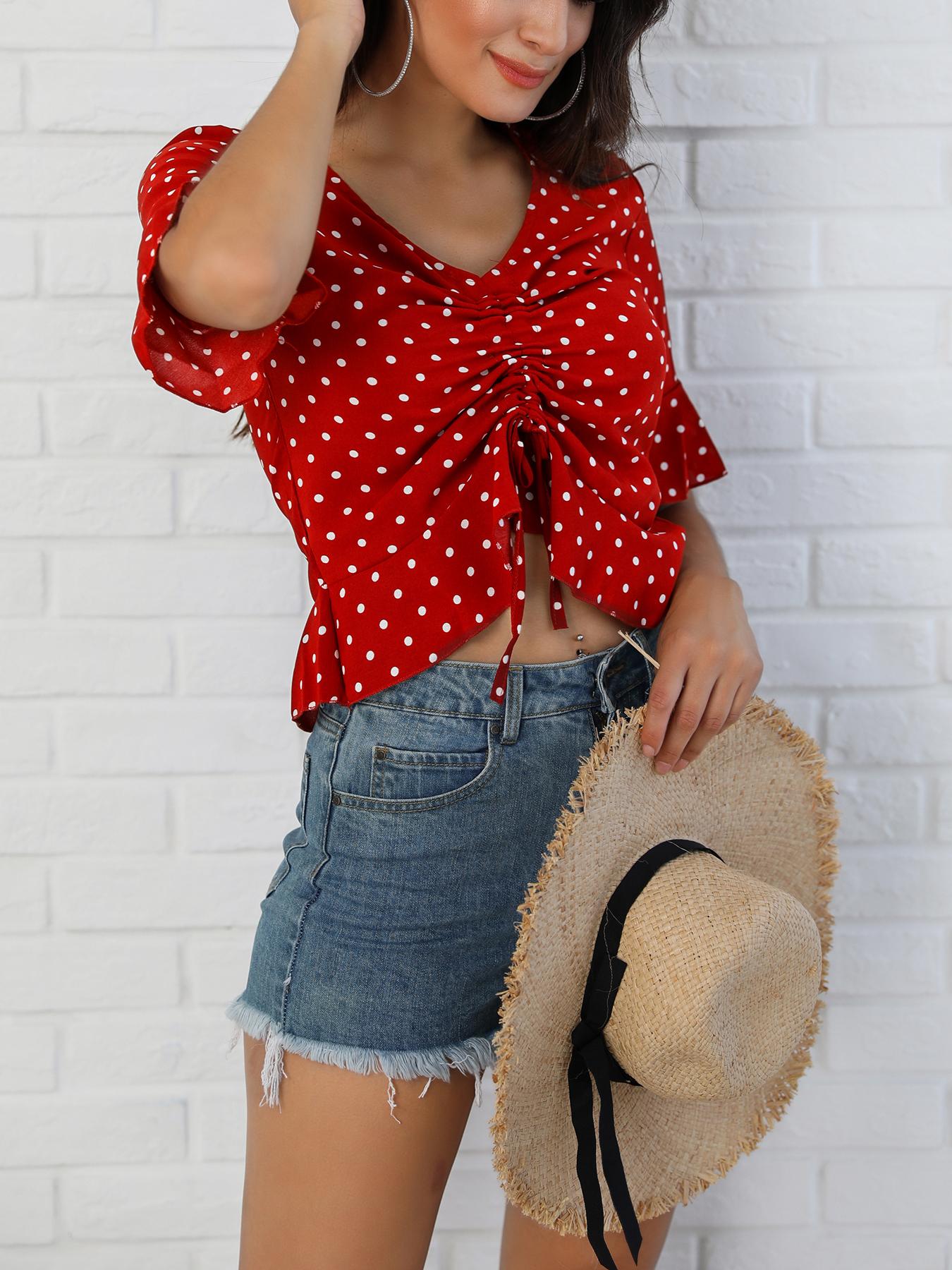 

Dots Flared Sleeve Shirred Drawstring Blouse, Red