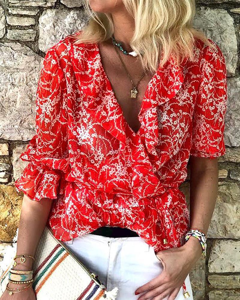 

Floral Print Ruffle Neck Top, Red