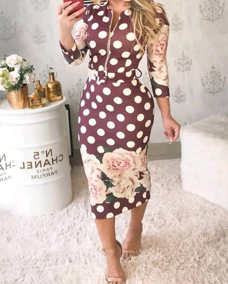 

Floral & Dot Print Zipper Bodycon Dress With Belt, Dark red