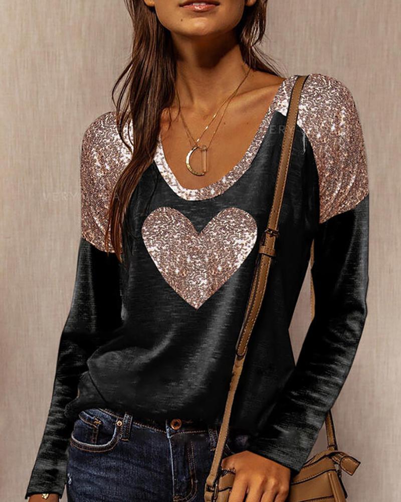 

Sequins Heart Pattern Long Sleeve Top, Black