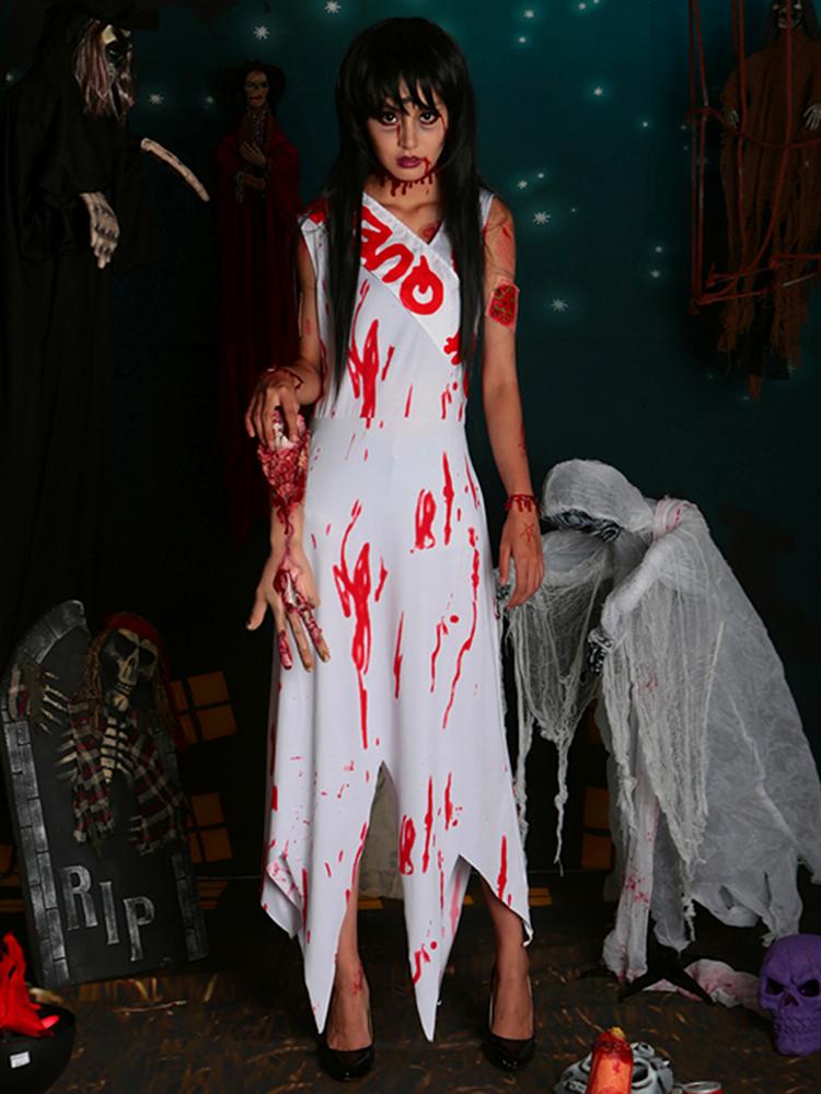 

Women Adult Dead Zombie Prom Queen Halloween Costume Fancy Party Dress Set, White