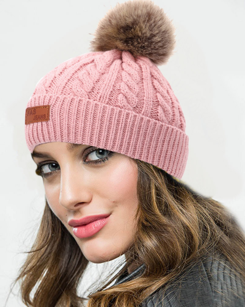 

Pom Pom Decor Braided Beanie, Pink