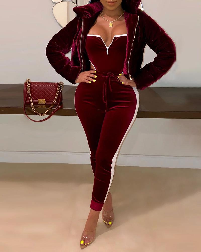 

Solid Turn-down Collar Zipper Design Long Sleeve Coat, Wine red