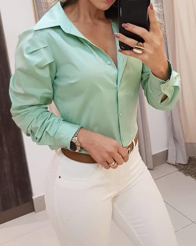 

Casual Solid V-neck Long Sleeve Shirt, Green