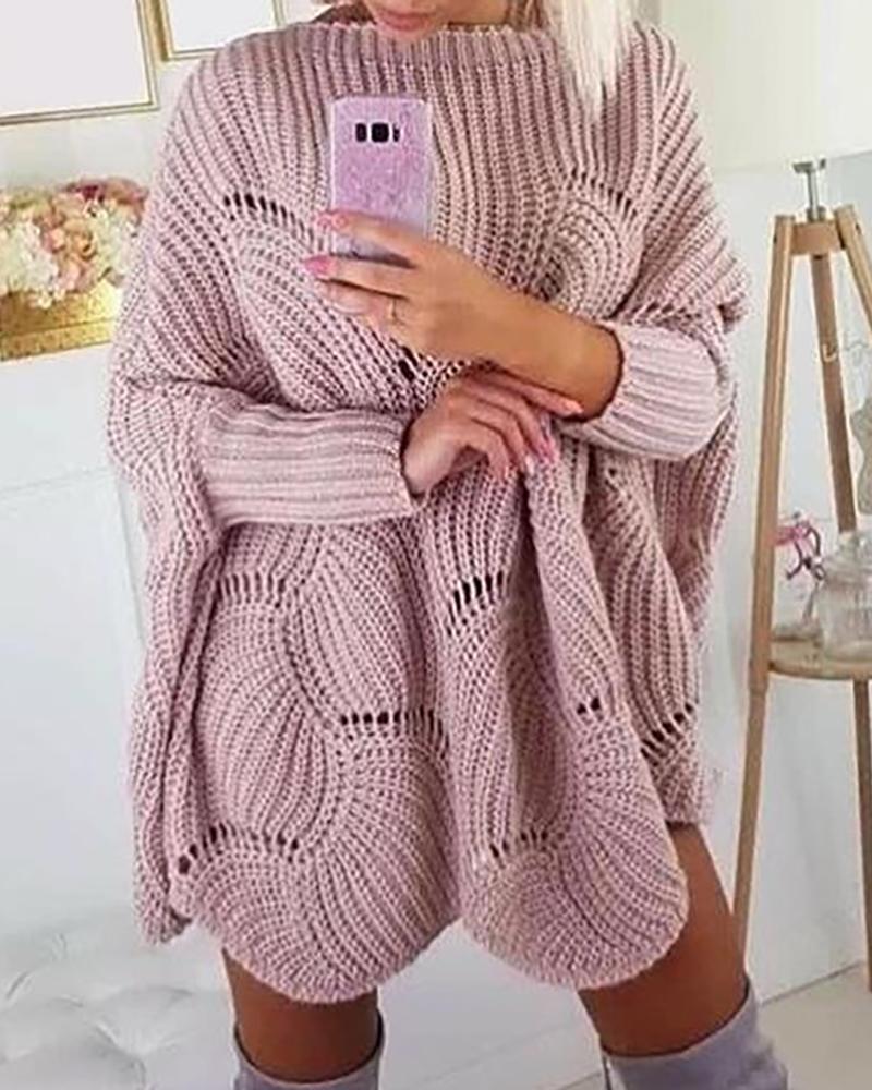 

Solid Hollow Out Batwing Sleeve Knit Sweater Dress, Pink