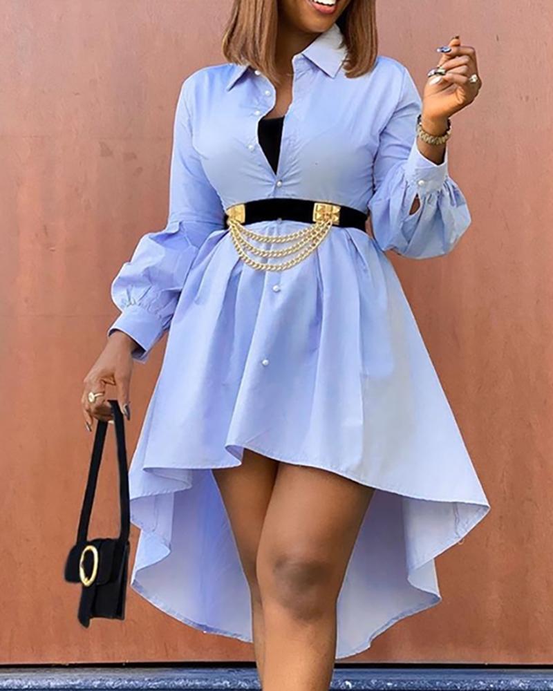 

Turn-down Collar Dip Hip Shirt Dress, Blue