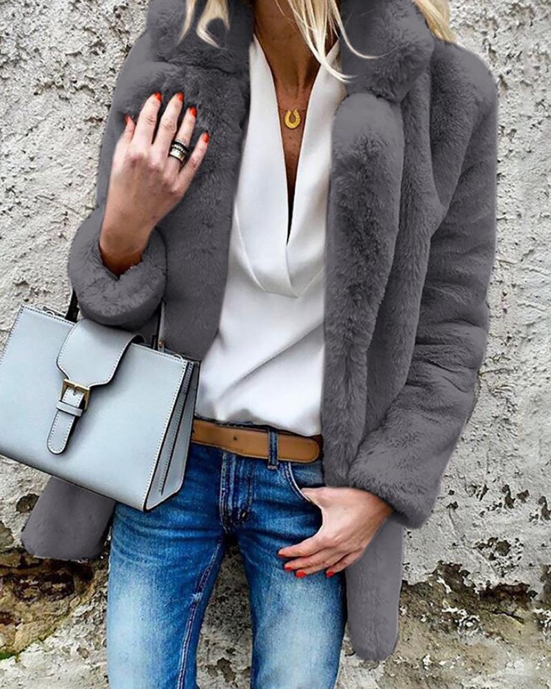 

Solid Open Front Long Sleeve Fluffy Coat, Gray