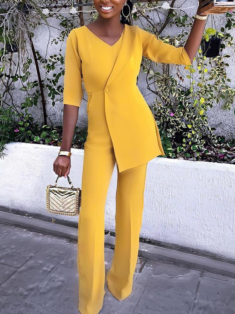 

Solid Color Button Irregular Blazer Jumpsuit, Yellow