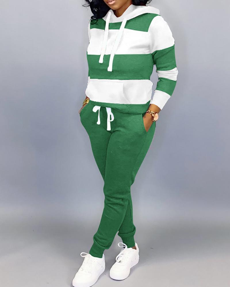 

Hooded Colorblock Insert Drawstring Sweatshirt & Pants Sets, Green