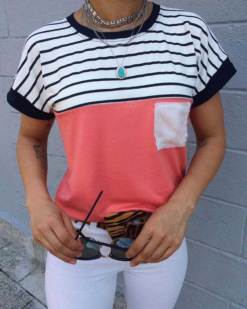 

Colorblock Striped Round Neck T-shirt, Pink