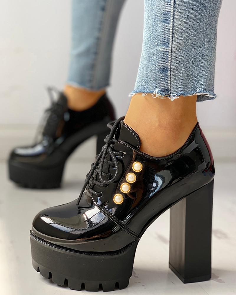 

Solid PU Lace-Up Platform Chunky Heels, Black