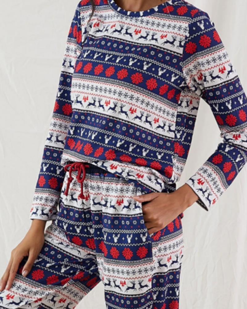 

Christmas Print Drawstring Pajamas Set, Dark blue