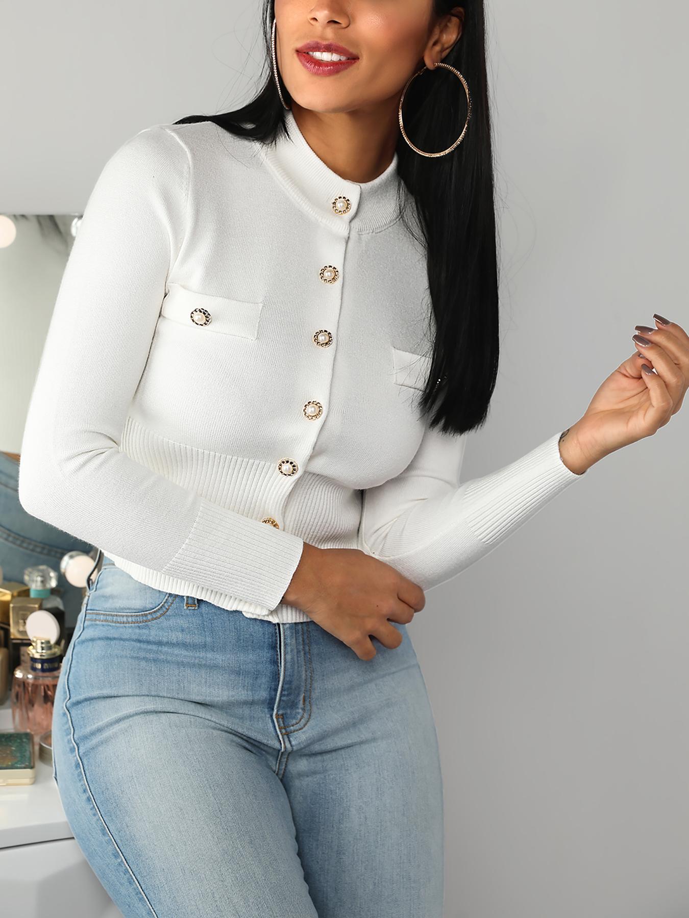 

Button Pocket Detail Long Sleeve Top, White