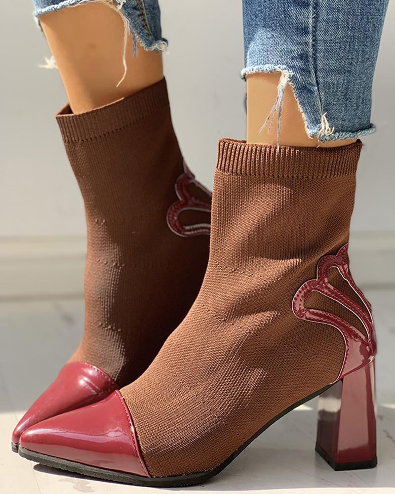 

PU Pointed Toe Patchwork Knitted Chunky Heeled Boots, Brown