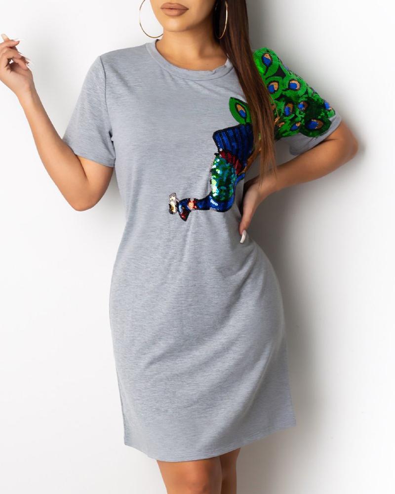 

Peacock Pattern Print Short Sleeve Casual Dress, Gray