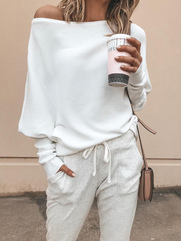 

Skew Neck Batwing Sleeve Casual Top, White