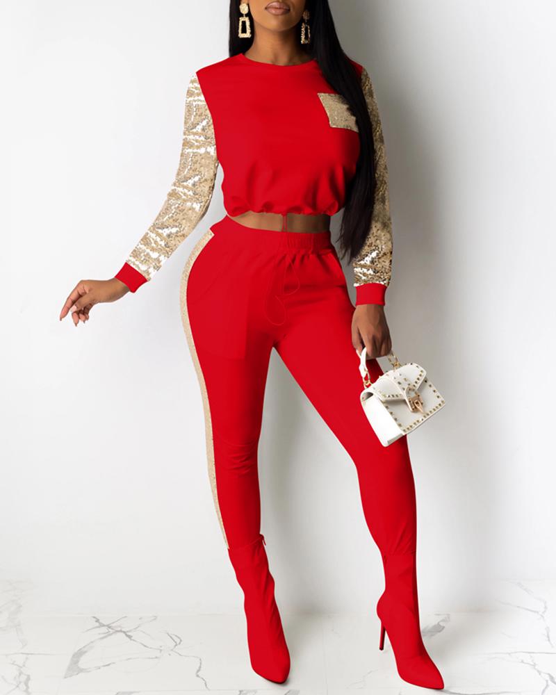 

Sequins Long Sleeve Top & Pants Sets, Red