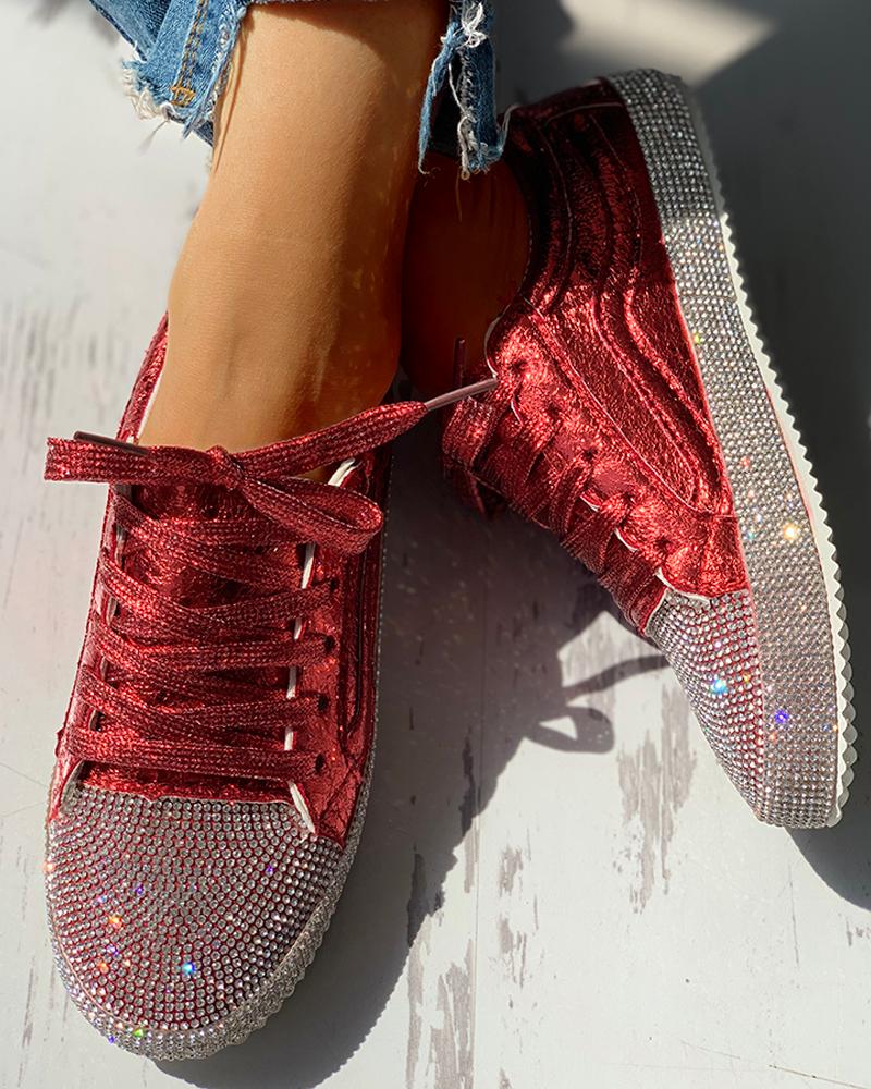 

Sequins Casual Lace-Up Sneakers, Red