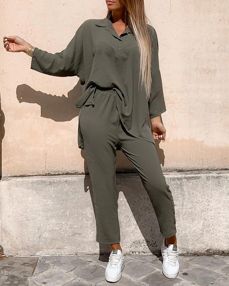 

Solid Long Sleeve Casual Top & Pant Set, Army green