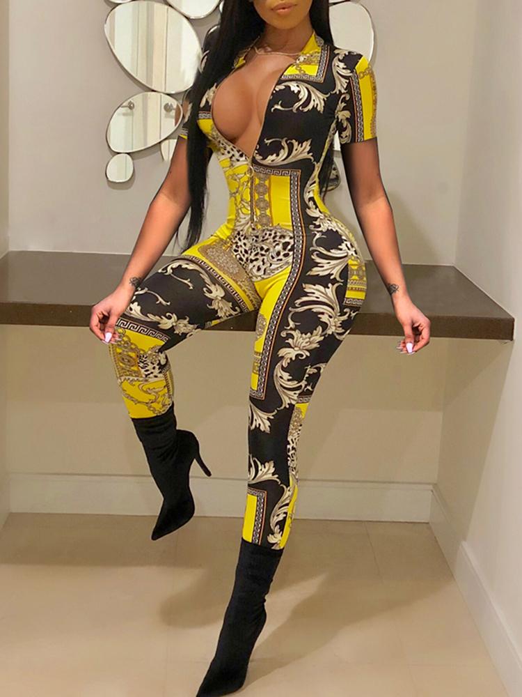 

Tribal Print Zipper Plunge Slinky Jumpsuit, Yellow