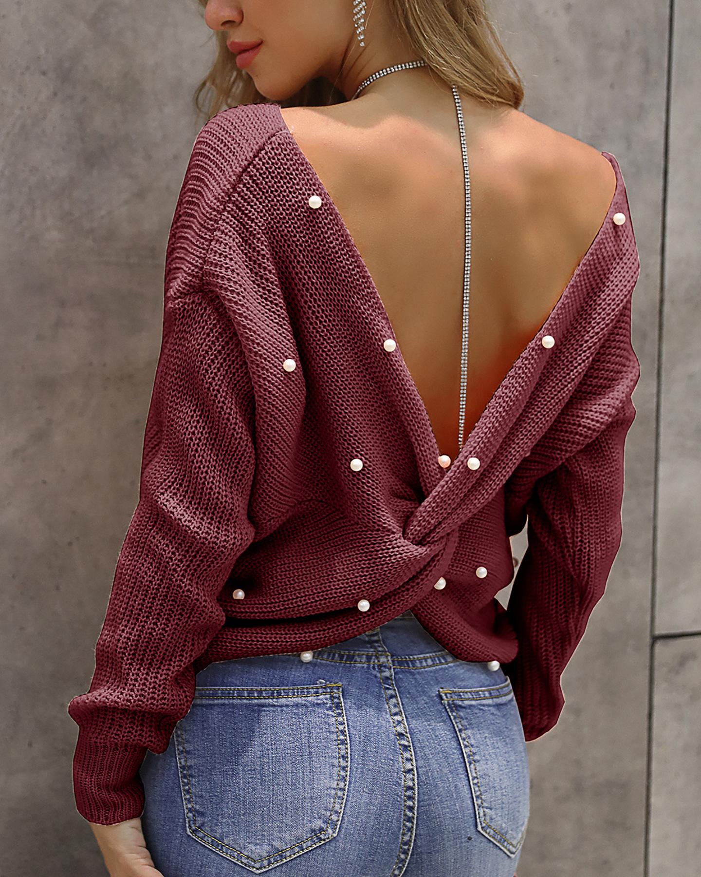 

Beaded Twisted Design Knitting Sweater, Wine red
