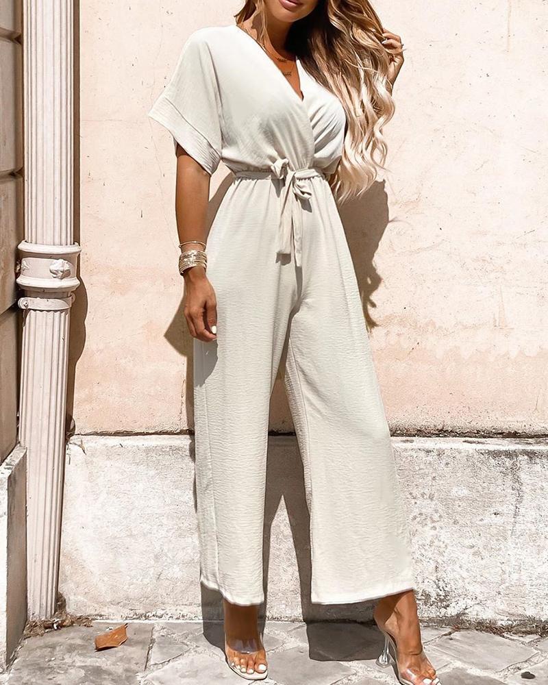 

Surplice Front Short Sleeve Ruched Casual Jumpsuit, Beige