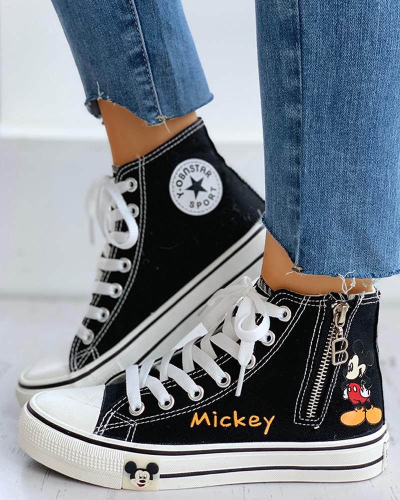

Cartoon Print Lace-Up Zipper Detail Casual Sneakers, Black