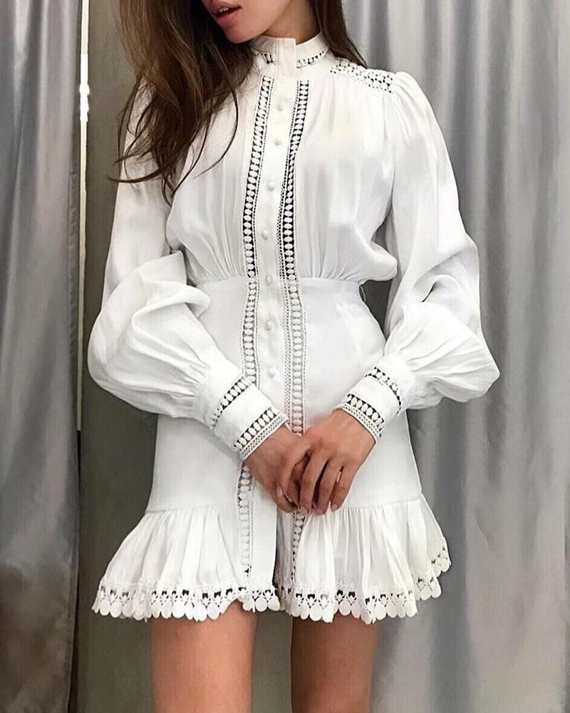 

Hollow Out Lace Insert Ruffle Trim Dress, White