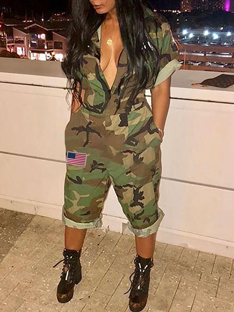 

Camo Roll-Sleeve Zipper Casual Jumpsuit, Army green