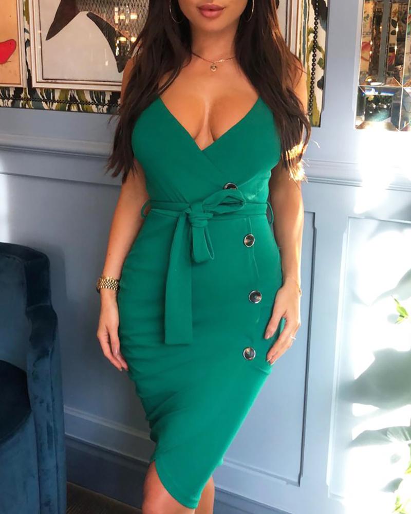 

Spaghetti Strap Surplice Wrap Buttoned Dress