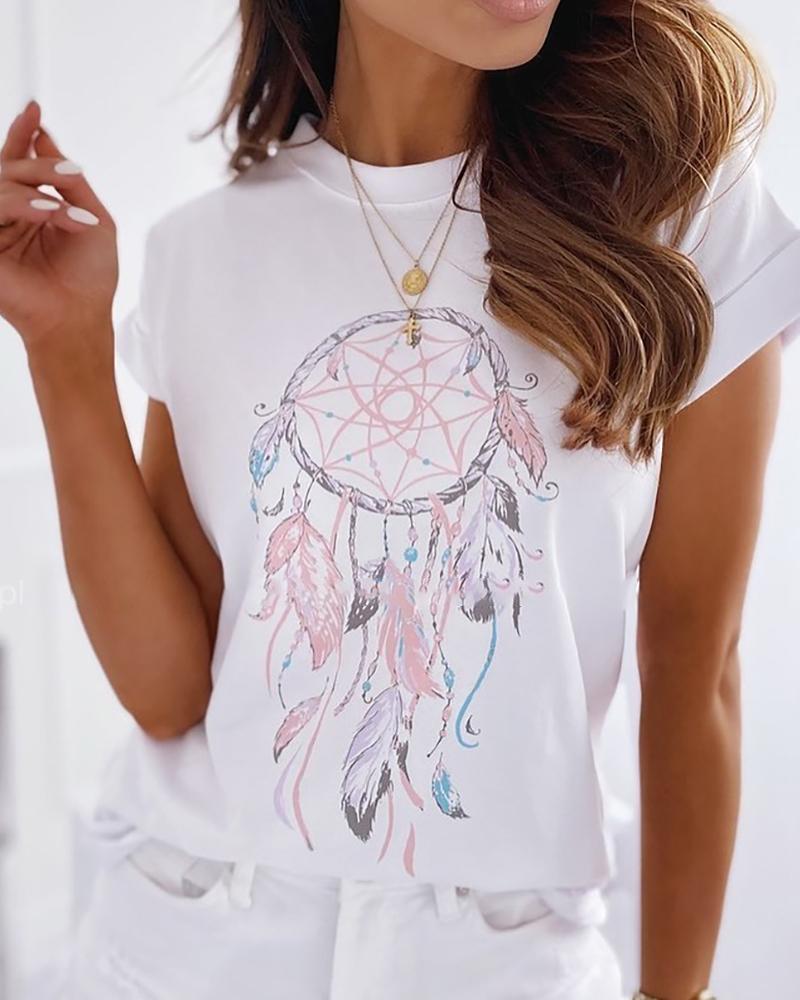 

Dream catcher Print Short Sleeve Casual T-shirt, White