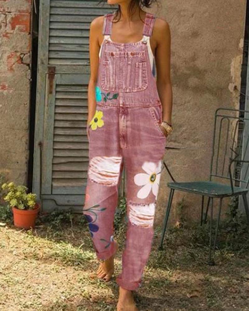 

Ripped Knee Denim Overall Jumpsuit, Pink