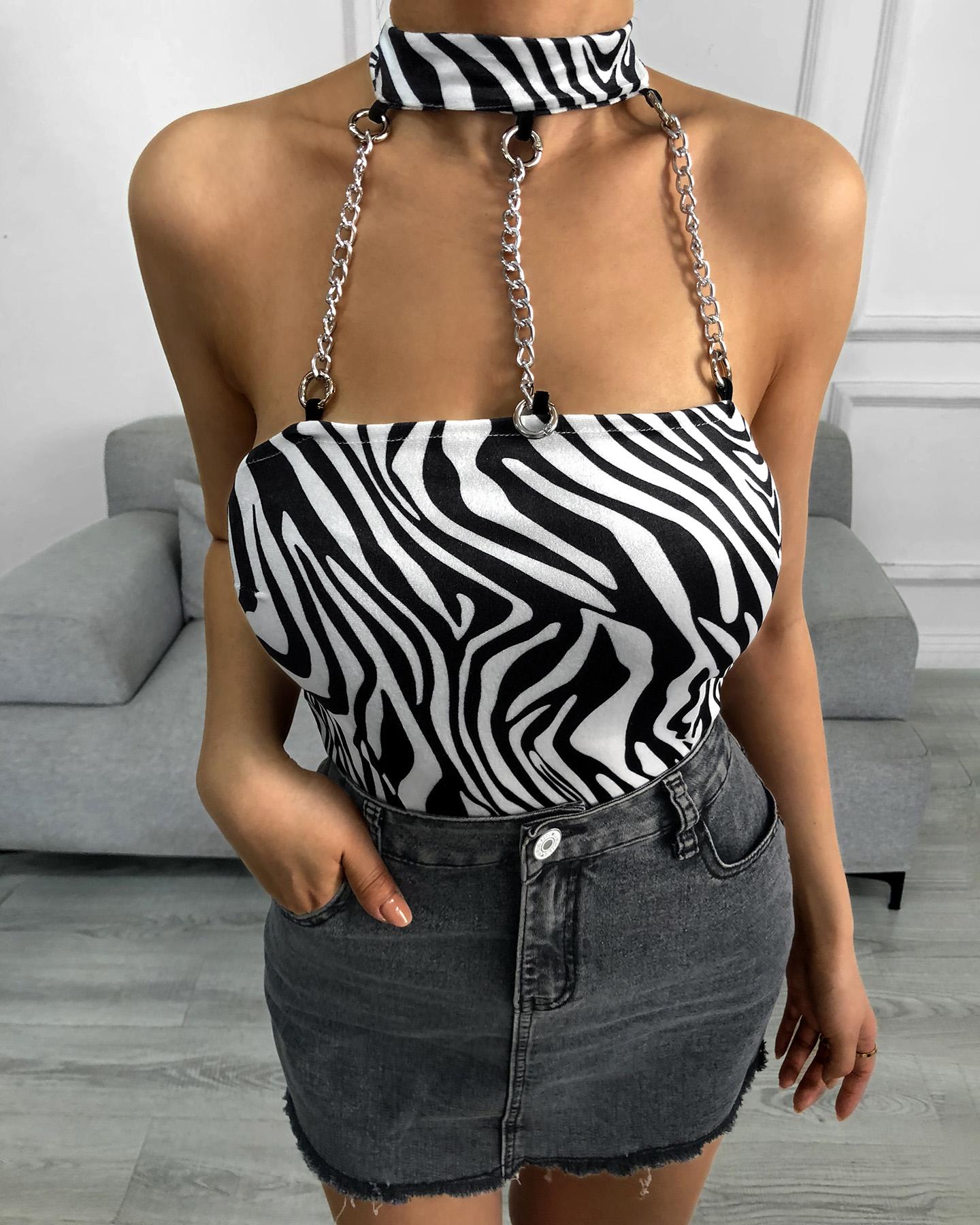 

Zebra Stripe Chain Decor Halter Backless Top, Black