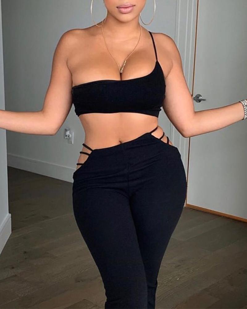 

One Shoulder Two-Piece Lounge Set, Black