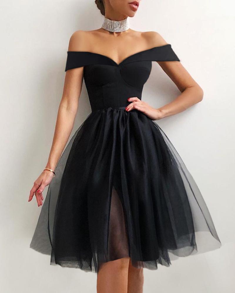 

Elegant Off Shoulder Binding Layered Mesh Cocktail Dress, Black