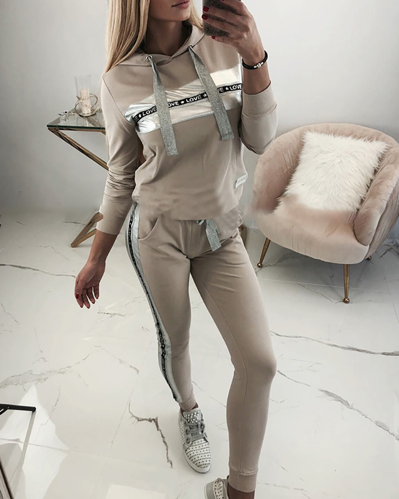 

Hooded Drawstring Letter Tape Insert Sweatshirt & Pants Sets