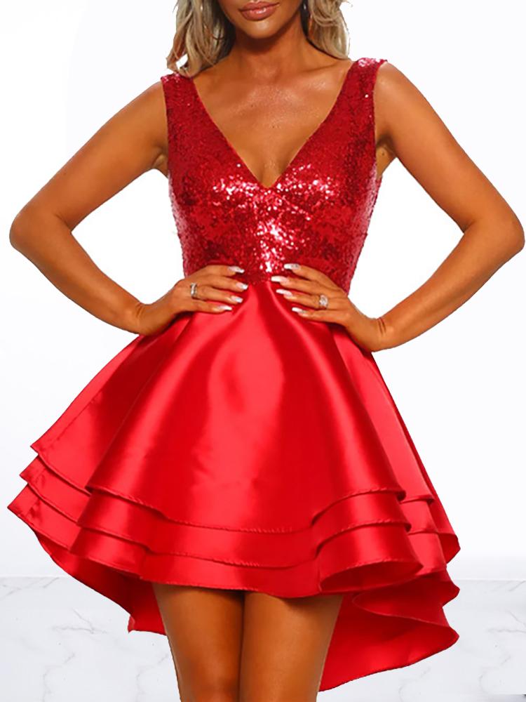 

Sequin Bodice Layered Ruffles Dress, Red