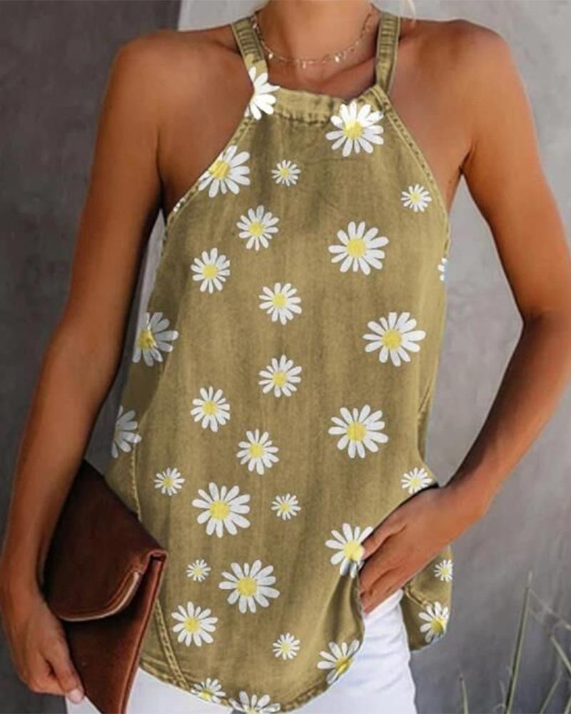 

Daisy Print Sleeveless Halter Top, Apricot
