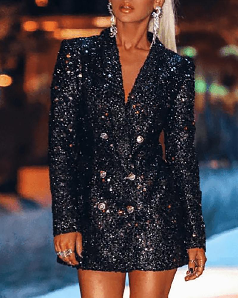 

Double Breasted Sequins Blazer Dress, Black