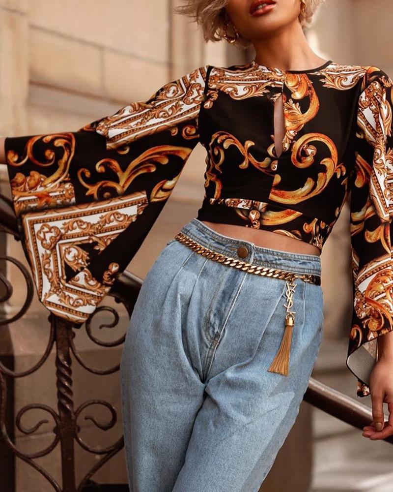 

Paisley Print Bell Cuff Casual Blouse, Black