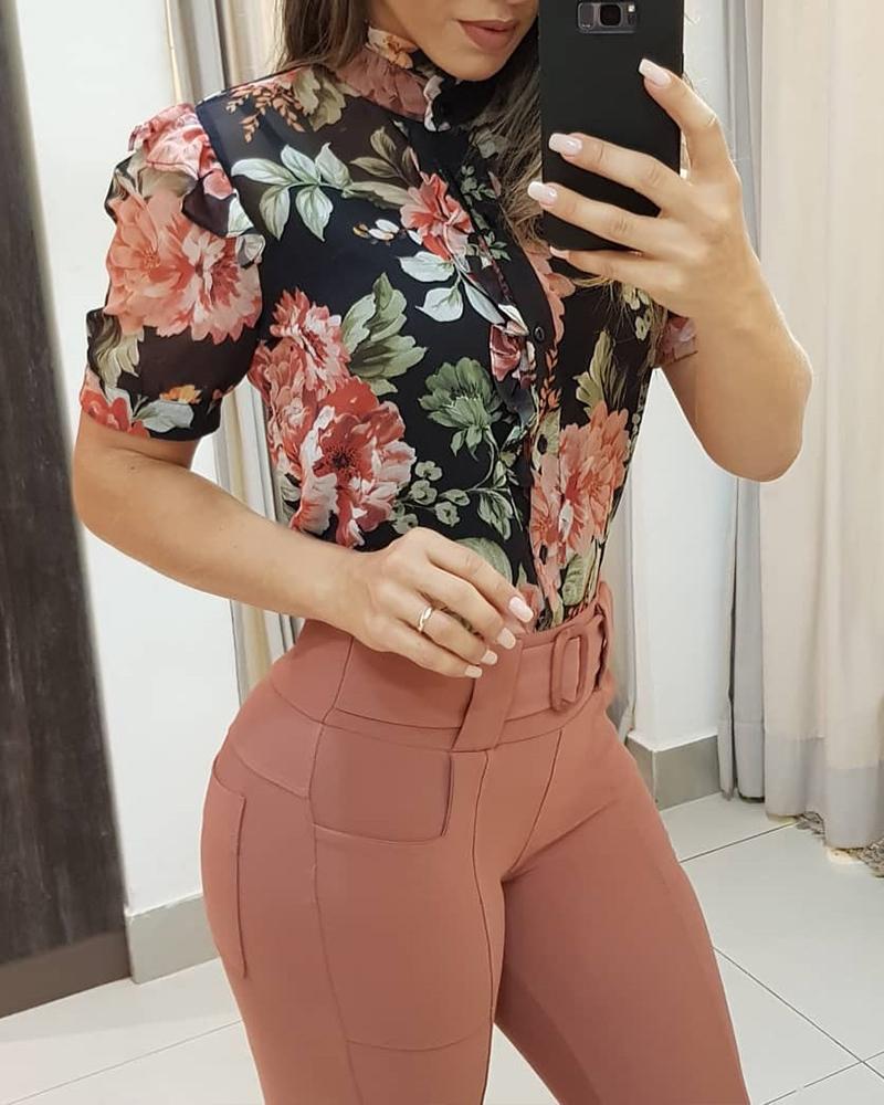 

Floral Print Short Sleeve Blouse, Black
