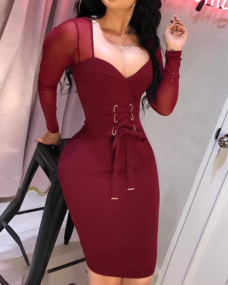 

Mesh Sleeve Lace Up Waist Skinny Dress, Wine red