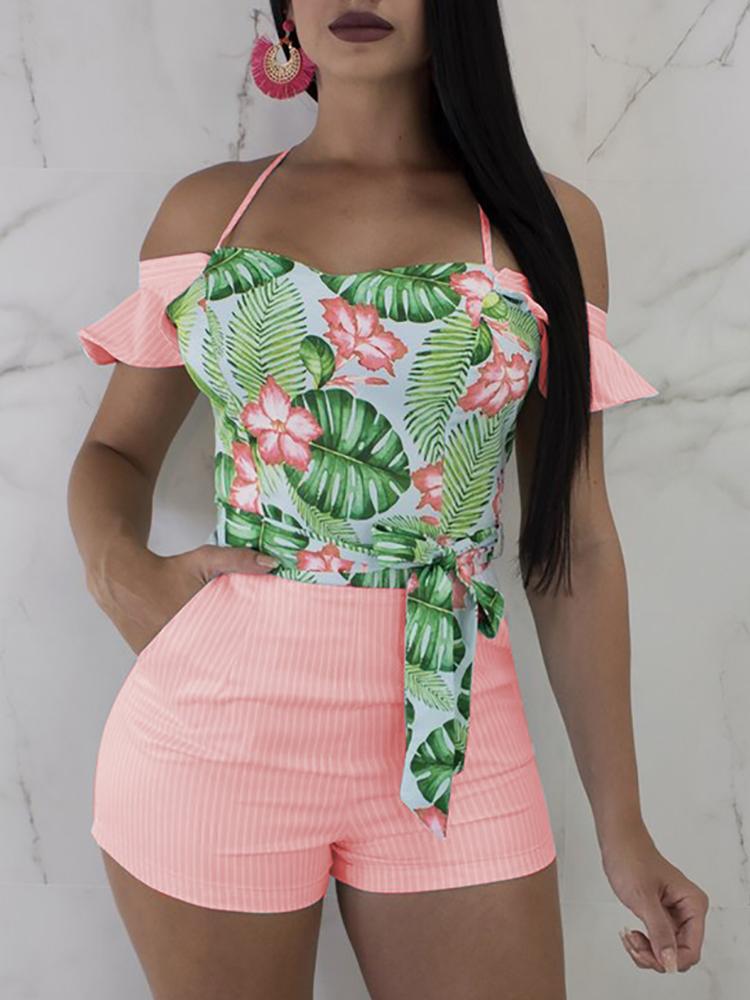 

Tropical Print Halter Belted Bardot Romper, Pink