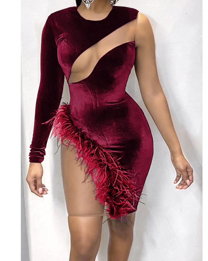 

Fluffy Trim Sheer Mesh Bodycon Dress, Wine red