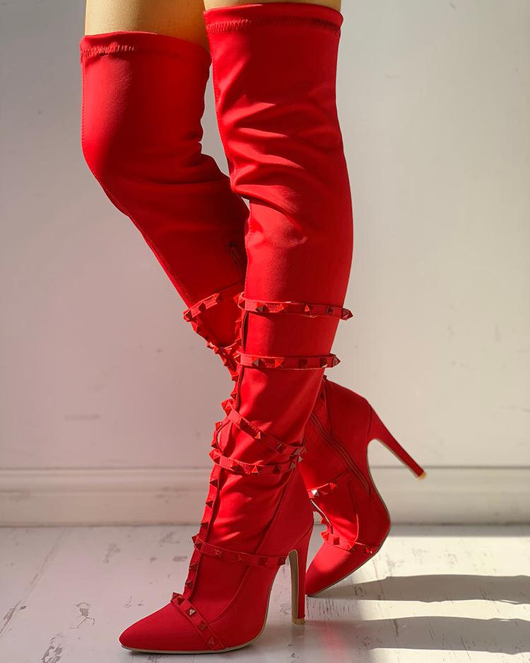 

Rivets Embellished Pointed Toe Over The Knee Boots, Red