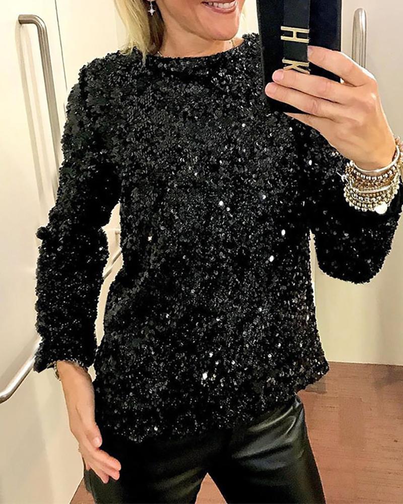 

Sequins Long Sleeve Top, Black