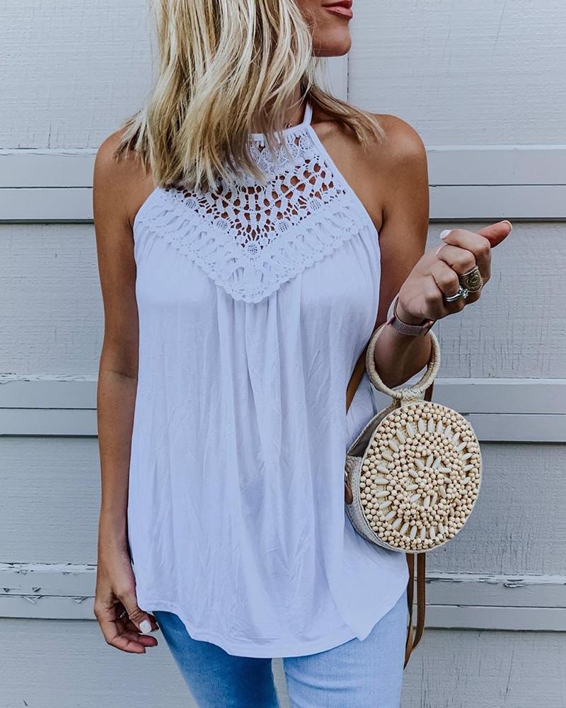 

Halter Crochet Lace Ruched Casual Top, White