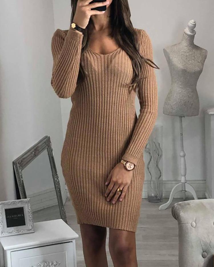 

V-Neck Long Sleeve Slinky Dress, Khaki